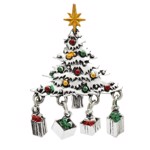 Jule broche - juletræ med vedhæng - sølv